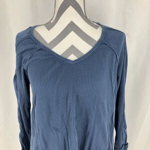 Caffe Marrakesh Waffle Knit Long Sleeve Top Blue Boho Shirt Large